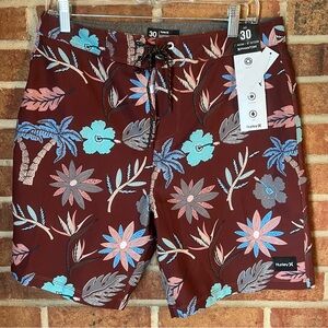 Hurley Men 30 Brown Blue Floral Board Shorts Swim Trunks Surf NWT Beach Vacation